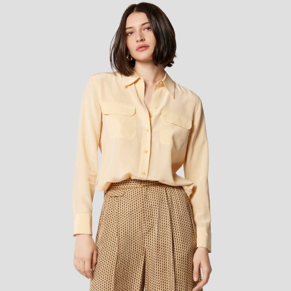 Vintage 100% Silk Cream Off White Utility Button Down Shirt Blouse Top 6 8 M S